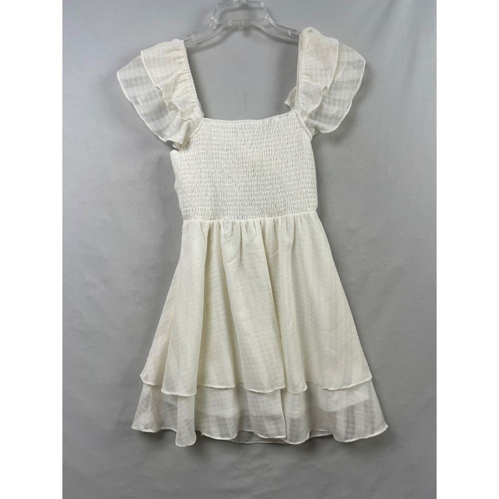 Altar'd State Mini Dress Womens XS Cream Ruffle Smocked Tie Back Beachy Boho